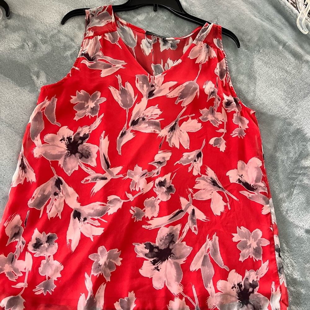 West Kei brand, Top, Orange w/multicolor, sleeveless, sheer w/orange lining.